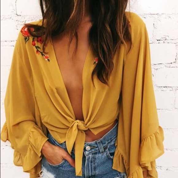 12th Tribe Tops - Yellow Top with Floral Embroidery